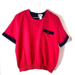 Vintage Regal Pink Navy Trim Short Sleeve Blouse Padded Shoulders